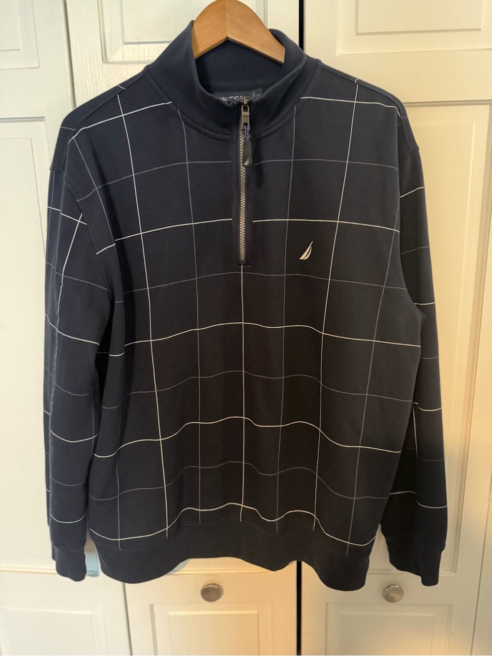 Nautica Men XL Quarter Zip Pullover Navy Windowpane Plaid Cotton